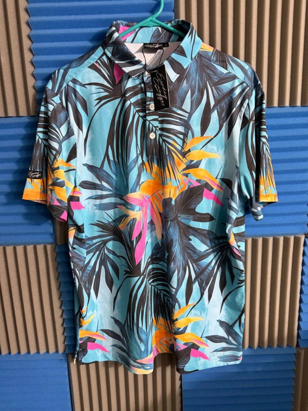 Men's Tropical Print Polo Shirt - Aqua Multi